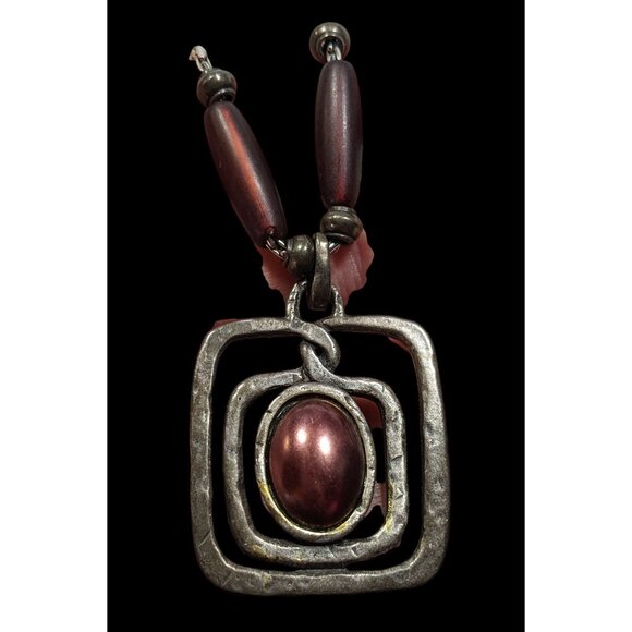 Brutalist Abstract Silver Tone Pendant Necklace With Burgundy Metallic Accents - Picture 2 of 8